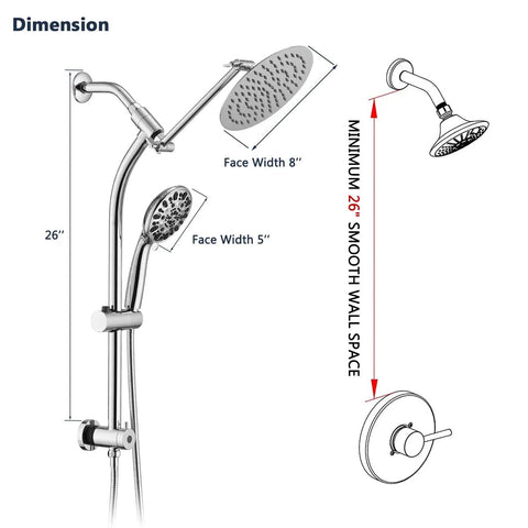 Dimensions of Rainfall 8 Inch Round Shower Head With High Pressure Handheld Spray Combo Drill Free Slide Bar Adjustable