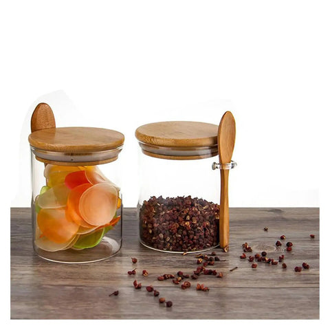Keep Your Daily Grind Hella Fresh In This Rock Solid Clear Glass Coffee Canister And Airtight Food Storage Jar With Tightly Sealed Lid And Handy Spoon For Tea Sugar Salt Organization, featuring two jars with bamboo lids.