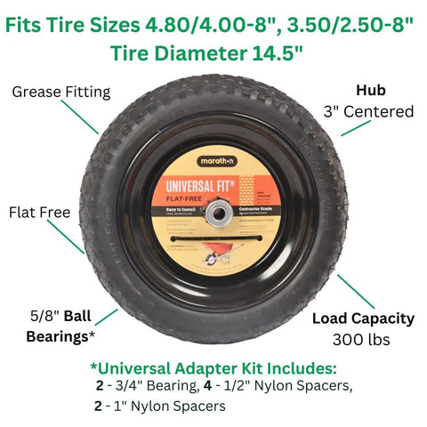 No Flat Universal Fit Wheelbarrow Tire And Wheel Assembly With Adapter Kit 14.5 Inch with centered hub and ribbed tread