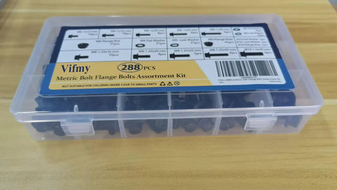 Industrial Strength M6 M8 M10 Flange Bolt And Serrated Nut Assortment Kit 288 Piece Hardware Set in clear organizer box.