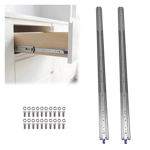 68 Inch Full Extension Drawer Slides Set 1 Pair Side Mount Cabinet Glides with screws and open wood drawer view