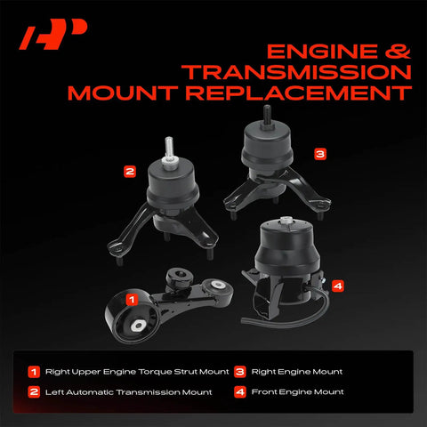 Toyota Venza Engine And Transmission Mount Kit Set Of Five For 2009 2016 V6 3.5L Automatic Cars Beefed Up Mounts For A Tight Fit Reduces Vibration Improves Ride And Quiet Powertrain. Four black hydraulic engine mounts