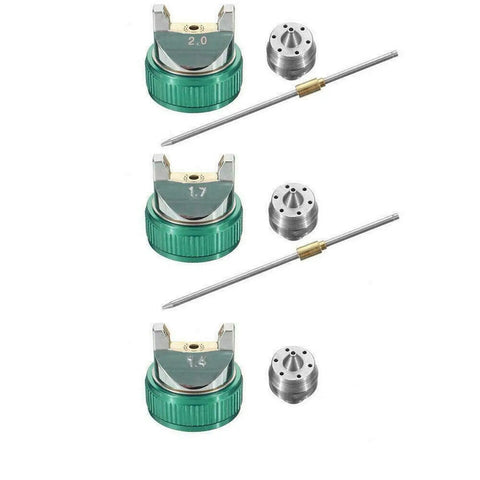 Top Tier Gravity Feed HVLP Air Spray Gun With 600Ml Cup And 1.7Mm Or 2.0Mm Nozzles showing spray tips and parts for detailed work.