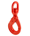 Dead Serious Heavy Duty Grade 80 Swivel Self Locking Hoist Hook With Eleven Thousand Pound Capacity And Rock Solid Drop Forged Steel Body Built Different For Rigging Jobs, red swivel hook with locking mechanism.