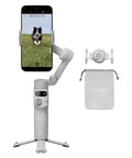 Osmo Mobile 7 Gimbal Stabilizer for iPhone and Android with built-in tripod, phone in holder, accessory clips, and carry pouch