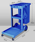 Heavy Duty Rolling Cleaning Cart Built Like A Tank For Busy Hotels And Commercial Spaces Featuring Super Smooth Casters And Hella Large Storage Compartments Made To Get The Job Done Right Every Single Time, blue, with dimensions.