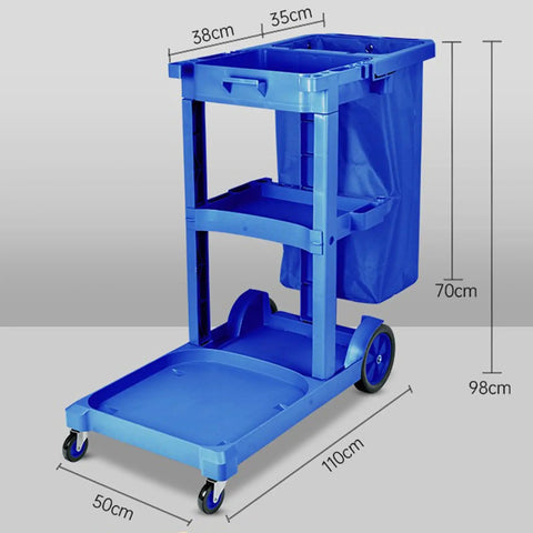 Heavy Duty Rolling Cleaning Cart Built Like A Tank For Busy Hotels And Commercial Spaces Featuring Super Smooth Casters And Hella Large Storage Compartments Made To Get The Job Done Right Every Single Time, blue, with dimensions.