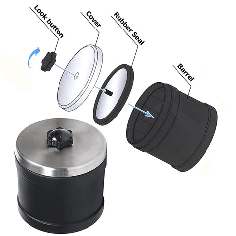 1 Lb Tumbler Barrel With Leak Proof Lid Replacement Parts Kit For Hobby Tumbling And Polishing Compact 4.09 By 3.78 Inch Black Tumbler Barrel For Home Use showing disassembled parts, including lid, lock button, rubber seal, and barrel.
