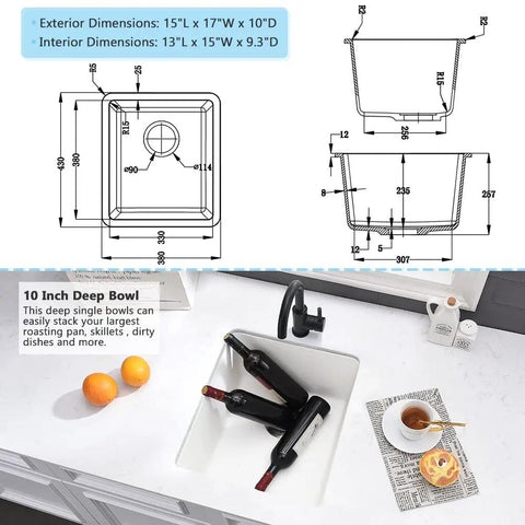Undermount White Bar Sink 15x17 Deep Single Bowl For Wet Bar And RV Kitchen, Quartz Composite, shown with wine bottles and measurements