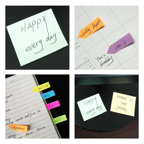 All In One Sticky Notes Set With Dual Scale Ruler Inches And Centimeters, colored sticky notes and index tabs used on desk items