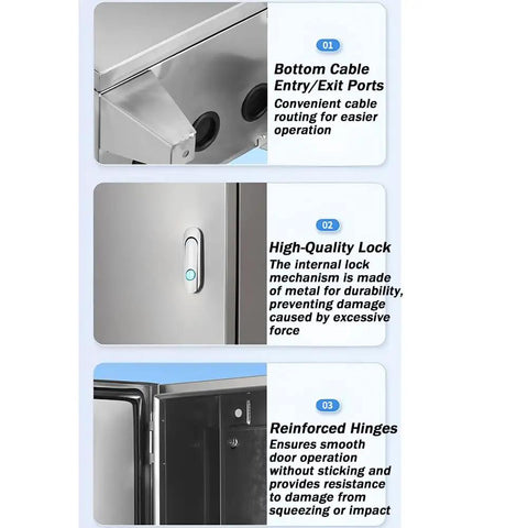 Heavy Duty Ground Mounted Electrical Junction Box In 304 Stainless Steel With Sturdy Bracket Weatherproof Outdoor Utility Chest Pre Drilled Ground Anchoring Legs For Easy Mounting And Flexible Spatial Layout, cable ports, lock, hinges