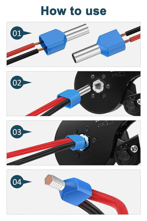 All Purpose Wire Ferrule Kit For 8 To 22 AWG 750 Piece Dual Bootlace Ferrules Set with Copper Tin Plated Ends being installed.