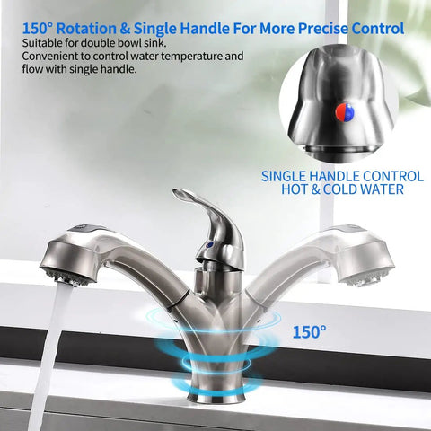 Brushed Nickel Kitchen Faucet With Pull Out Sprayer Single Handle 1 Hole Solid Brass Heavy Duty Commercial RV Faucet With 2 Modes.