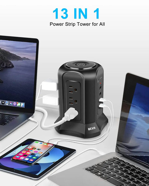 13 In 1 Tower Surge Protector With USB Charging Station 9 AC Outlets And 4 Smart USB Ports on desk with laptops and tablet