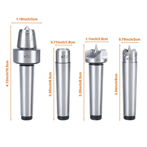 4-piece MT2 Wood Lathe Live Center Set with Precision Drive Spur Cup Kit for woodworking and metalworking, various sizes.