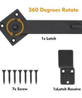 Heavy Duty Double Gate Latch For Sliding Barn Doors With Self Drilling Screws showcasing 360 rotatable latch and screws included.