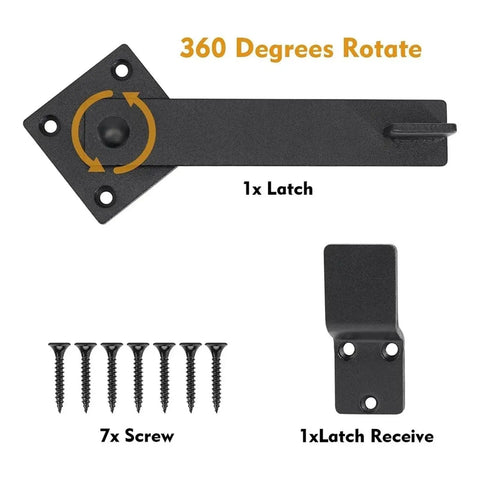Heavy Duty Double Gate Latch For Sliding Barn Doors With Self Drilling Screws showcasing 360 rotatable latch and screws included.