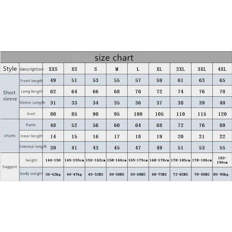 Size chart for clothing, including measurements for short sleeves, bust, pants, height, and body weight, sizes XXS to 4XL.