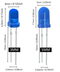 Comparison of Blue 3mm and 5mm LED diodes from the Blue 200 Pack 3mm LED Diodes Assortment Kit for Arduino Breadboard PCB DIY Electronics.