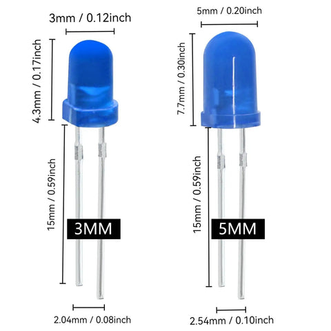 Comparison of Blue 3mm and 5mm LED diodes from the Blue 200 Pack 3mm LED Diodes Assortment Kit for Arduino Breadboard PCB DIY Electronics.