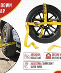 4 Pack 2 Inch By 10 Foot Wheel Tie Down Straps With Flat Hooks And Dual Ratchets For Car Hauling, 3,333 Lbs WLL, Yellow Webbing