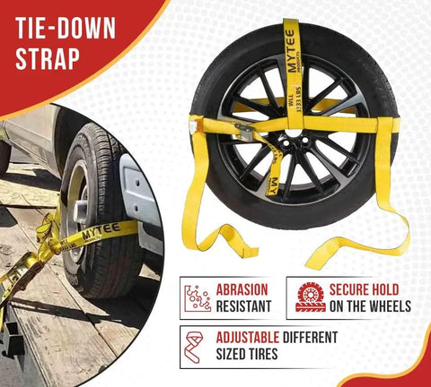 4 Pack 2 Inch By 10 Foot Wheel Tie Down Straps With Flat Hooks And Dual Ratchets For Car Hauling, 3,333 Lbs WLL, Yellow Webbing