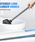 Toilet Plunger With Holder All Angle Design Built Tough For Bathroom Universal 4 Tier Rubber Suction Cup Fits Most Toilet Drains Up To 5.5 Inches Black with extended handle being used in a toilet bowl