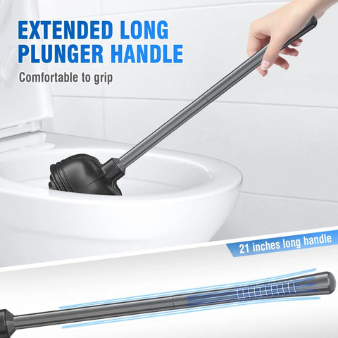 Toilet Plunger With Holder All Angle Design Built Tough For Bathroom Universal 4 Tier Rubber Suction Cup Fits Most Toilet Drains Up To 5.5 Inches Black with extended handle being used in a toilet bowl