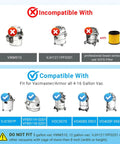 Compatibility chart for 6 Pack VRC5 Filter Bags And 2 VFF51 Foam Filters Kit For Vacmaster 4 To 16 Gallon Wet Dry Vacs