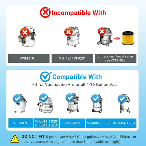 Compatibility chart for 6 Pack VRC5 Filter Bags And 2 VFF51 Foam Filters Kit For Vacmaster 4 To 16 Gallon Wet Dry Vacs