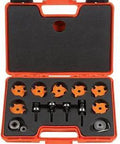 Eight Three-Wing Slot Cutter Set with Four Arbors, Four Bearings, Hex Key in red case for woodworking.