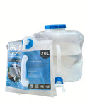 Two Pack 20L Collapsible Water Jugs with wide-mouth lids, one folded and one filled, showing handle and design details.
