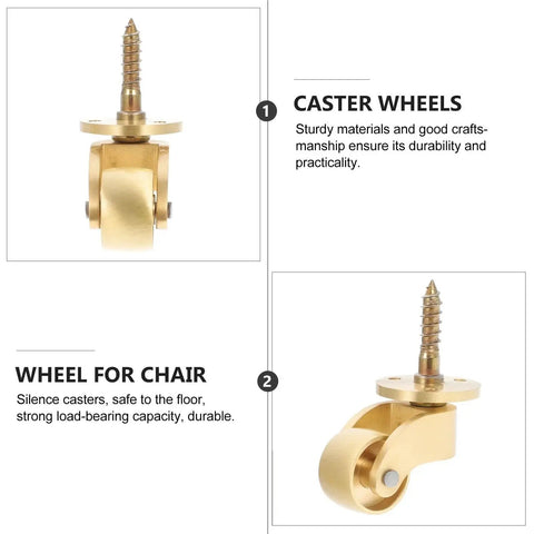 Heavy Duty Brass Caster Wheels Set For Furniture, Silent Universal Stem Casters, showing top view of the brass wheel and stem.