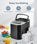 Front view of Silonn countertop ice maker with black body, clear lid, carrying handle, ice basket and scoop.
