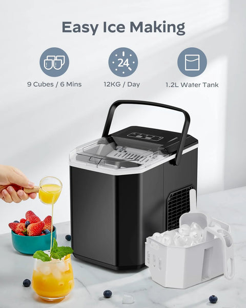 Front view of Silonn countertop ice maker with black body, clear lid, carrying handle, ice basket and scoop.