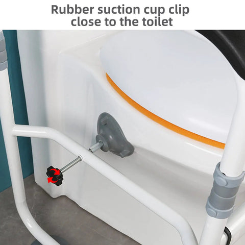 Ultimate Toilet Safety Rail With Padded Arms showing rubber suction cup clip close to toilet.