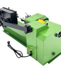Techtongda Mini Metal Lathe 8X16 inch Benchtop Turning Machine With 1100W Motor Auto Feed and Metric Imperial Conversion Coolant Pump from a side view, showcasing its green metal body.