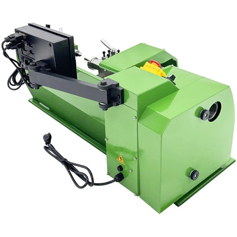 Techtongda Mini Metal Lathe 8X16 inch Benchtop Turning Machine With 1100W Motor Auto Feed and Metric Imperial Conversion Coolant Pump from a side view, showcasing its green metal body.
