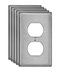 5 Pack Duplex Metal Wall Plates With Protective Film, 1 Gang Standard Size, Built To Last, Corrosion Resistant Stainless Steel Outlet And Switch Covers, Industrial Grade Brushed Silver Finish - front view