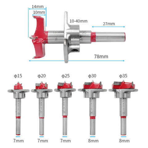 Knockout Five Piece Forstner Drill Bit Set Fifteen To Thirty Five Millimeter Tungsten Carbide Woodworking hinge boring bits, sizes 15 to 35 mm.