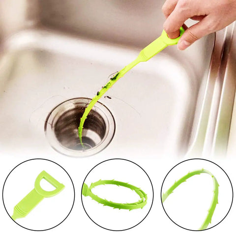 Using Six Pack Hair Clog Remover For Sink with 24 Inch tube drain cleaning tool, plastic claw grip cleaning hair from a kitchen sink.