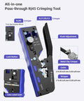 RJ45 Crimp Tool Kit For Cat7 Through Cat5e With Pro Grade Crimper showing features like lock button and cutter