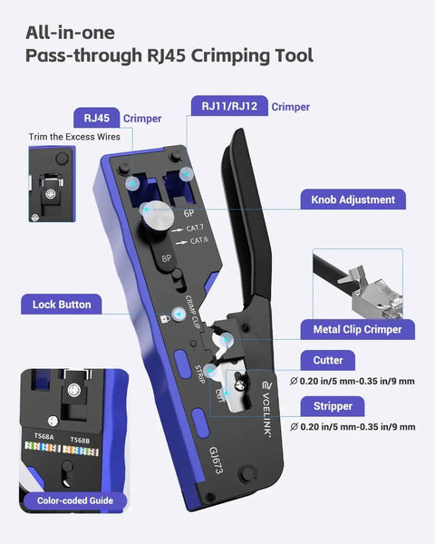 RJ45 Crimp Tool Kit For Cat7 Through Cat5e With Pro Grade Crimper showing features like lock button and cutter
