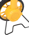 Eujgoov Digital Measuring Wheel Backlit 100000FT Maximum Range close-up of yellow wheel base and black support stand.