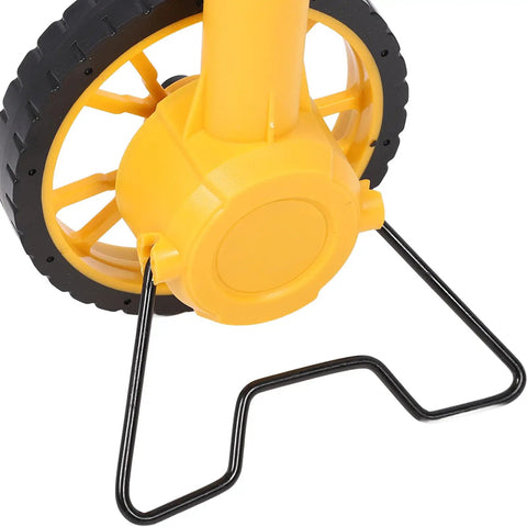 Eujgoov Digital Measuring Wheel Backlit 100000FT Maximum Range close-up of yellow wheel base and black support stand.