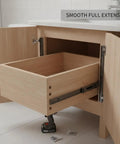 Open cabinet showing 10 Inch Full Extension Drawer Slides With Ball Bearing Hardware For Nightstands, Vanities, Desks, And Small Cabinets, Smooth Quiet Operation, Durable Cold Rolled Steel Build, 1 Pair mounted inside.