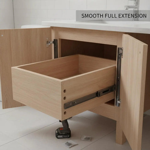 Open cabinet showing 10 Inch Full Extension Drawer Slides With Ball Bearing Hardware For Nightstands, Vanities, Desks, And Small Cabinets, Smooth Quiet Operation, Durable Cold Rolled Steel Build, 1 Pair mounted inside.