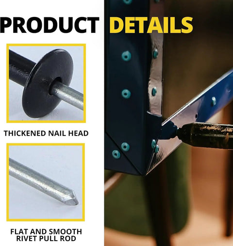 Black Aluminum Pop Rivets Kit 100 Pack 3/16 By 1 Inch Closed End Rivets With Large Head, thickened nail head and pull rod details