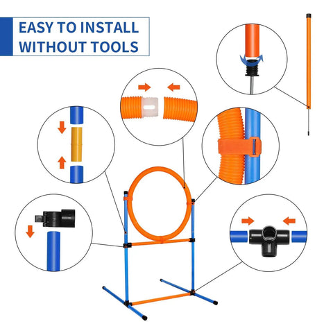 Assembly details of Go-To Dog Agility Training Equipment Kit, 60-Piece Obstacle Course Starter Set with jump ring and connectors.