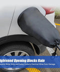 All Weather Magnetic EV Charger Port Cover Chrysler Pacifica Hybrid with adjustable strap on parked vehicle.